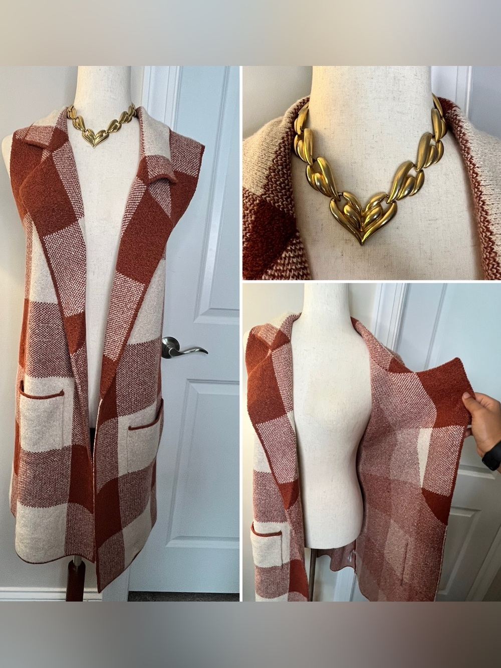 Steve Madden Plaid Open-Front Sleeveless Cardigan Vest - Rust & Cream